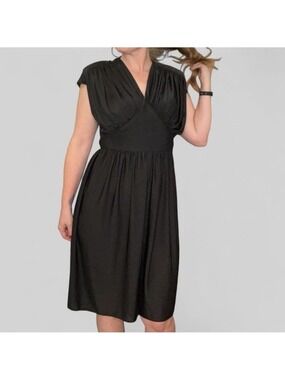 Vintage 70s Midi Dress Ruched Bodice Black Womens M